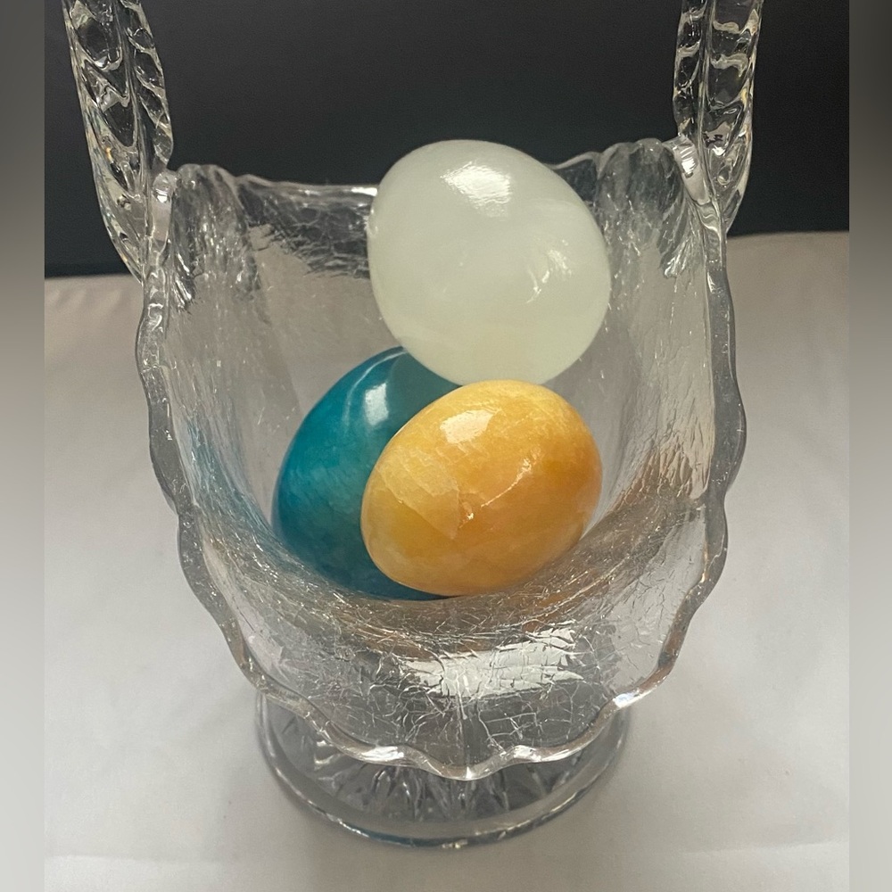 Vintage large decorative crackle glass handled Easter basket- Duncan Miller?